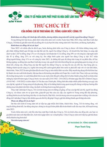 Thư chúc Tết của đồng chí  Bí thư Đảng ủy, Tổng Giám đốc Công ty