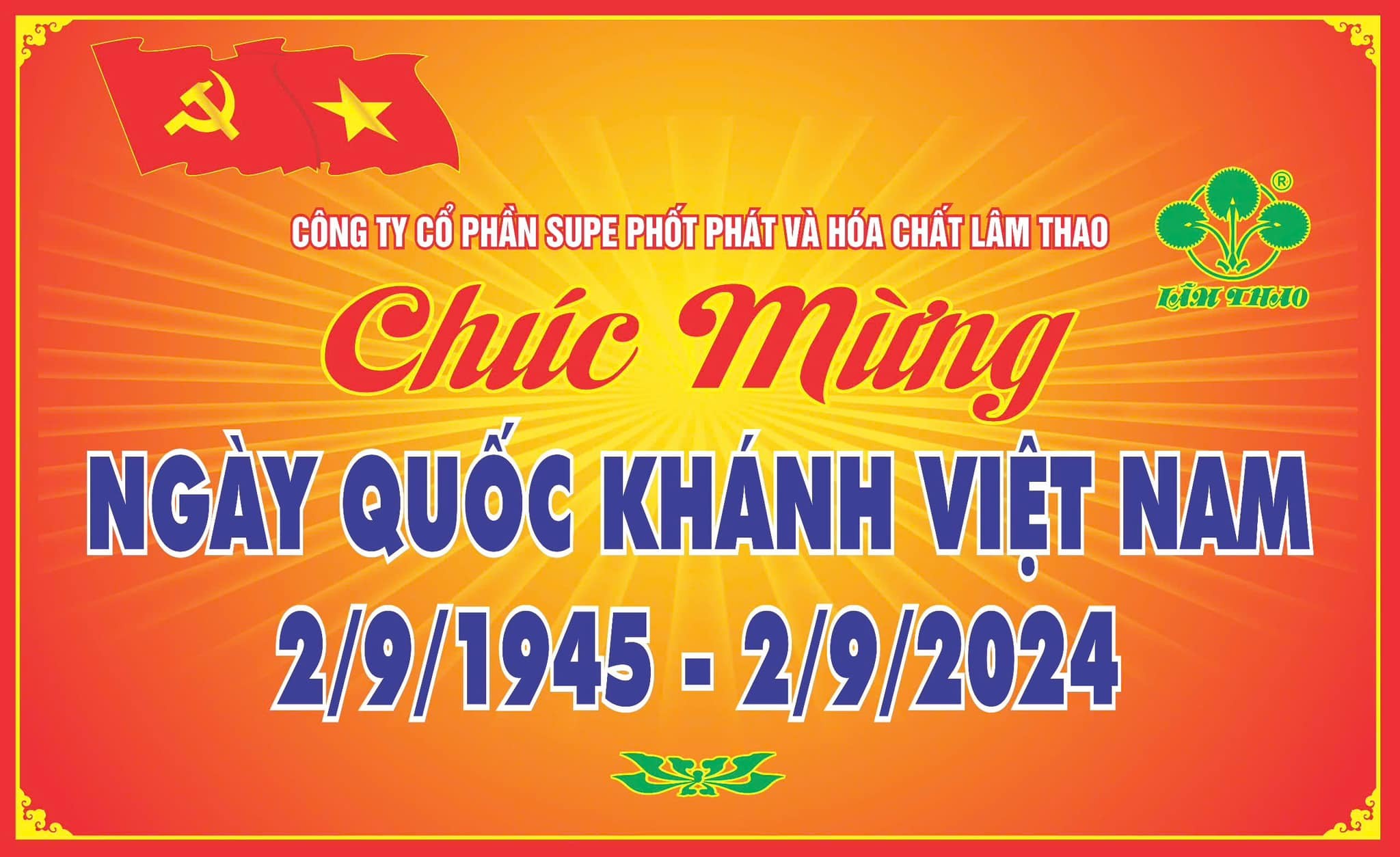 Công ty cổ phần Supe Phốt phát và Hoá chất Lâm Thao chào mừng Kỷ niệm 79 năm Ngày Quốc khánh Nước cộng hòa xã hội chủ nghĩa Việt Nam (2/9/1945-2/9/2024).