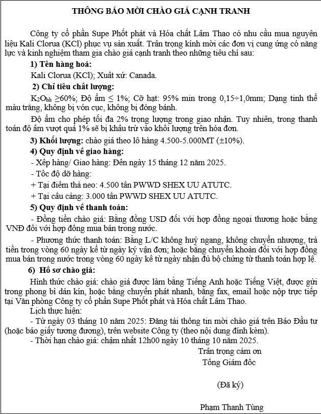 Thông báo mời chào giá cạnh tranh