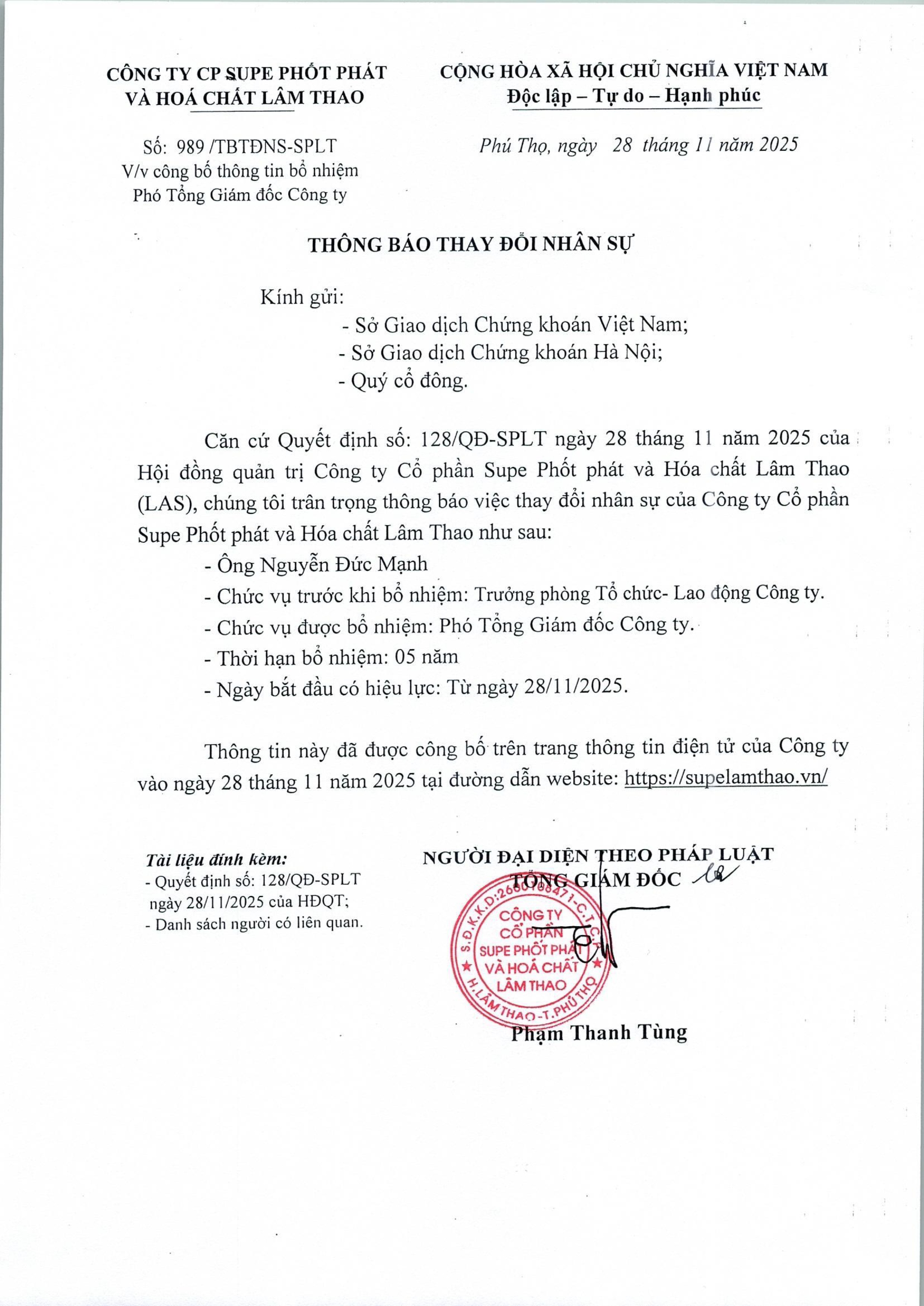 Thông báo về viêc bổ nhiệm Phó Tổng Giám đốc Công ty